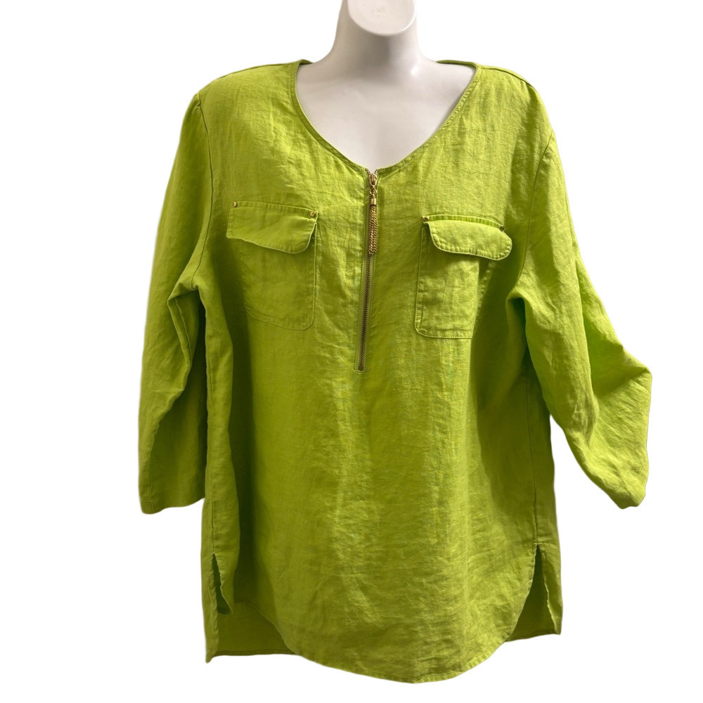 Ellen Tracy Lime Green Tunic with Zipper 3/4 roll up sleeves